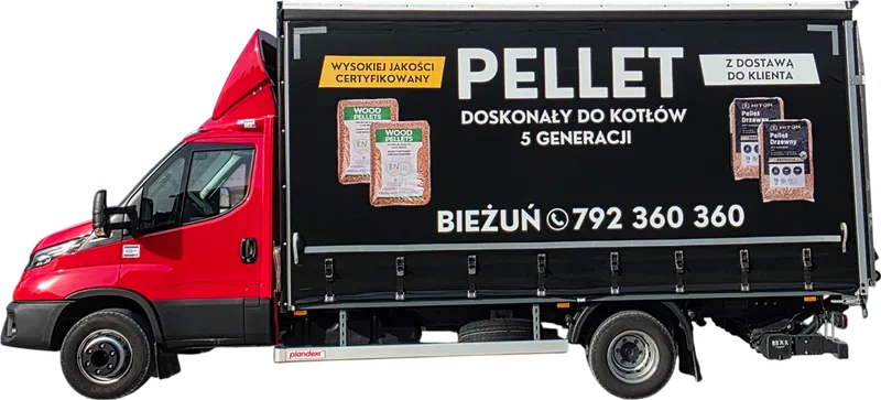 Iveco Daily z czarną zabudową PELLET, z boku