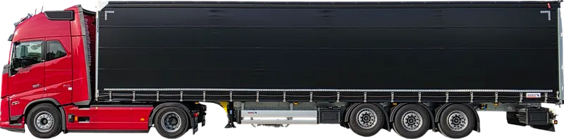 Czerwony ciągnik Volvo FH16 z czarną naczepą kurtynową, z boku