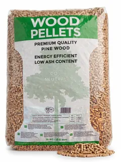 Worek pelletu z napisem „Wood Pellets”